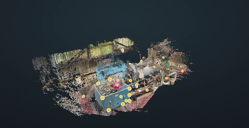 The walkdown rebuilt in 3D with findings pinned in place
